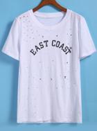 Romwe Letters Print Hollow White T-shirt