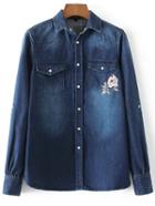 Romwe Blue Floral Embroidery Denim Blouse With Pocket
