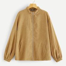 Romwe Lantern Sleeve Zipper Up Cord Jacket
