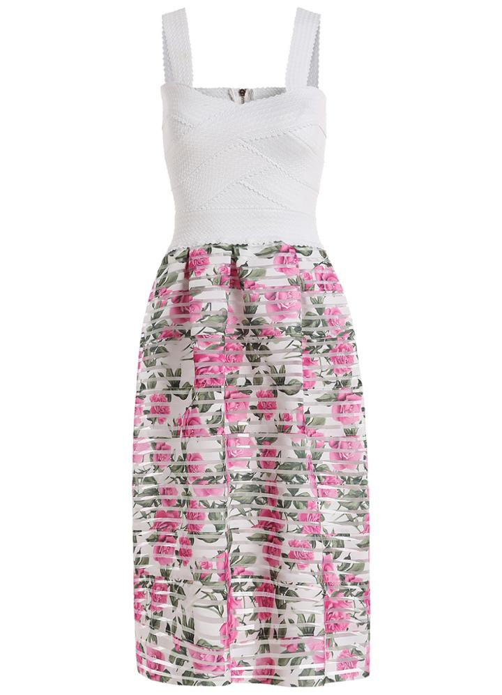 Romwe Straps Rose Print With Organza Dress
