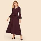 Romwe Flounce Sleeve Contrast Lace Belted Dress
