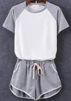Romwe Color-block Short Sleeve Top With Elastic Waist Grey Shorts