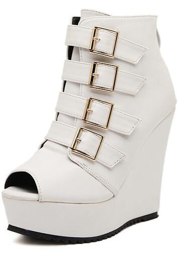 Romwe White Buckle Strap Peep Toe Wedges Pumps