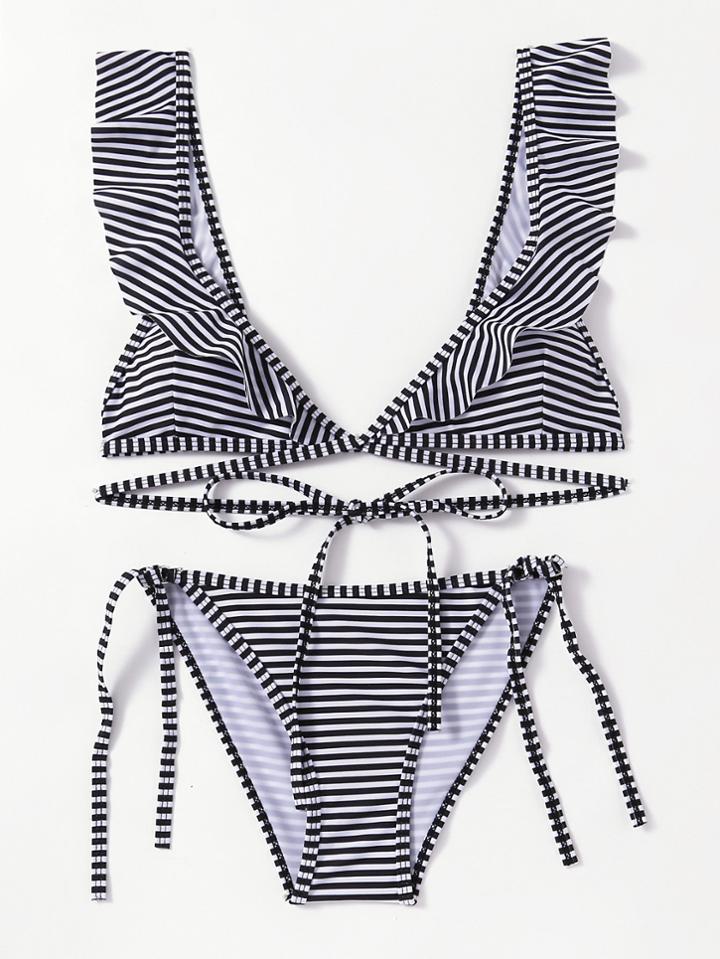 Romwe Tie Side Ruffle Detail Striped Bikini Set