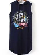 Romwe Hooded Eagle Print Navy Dress