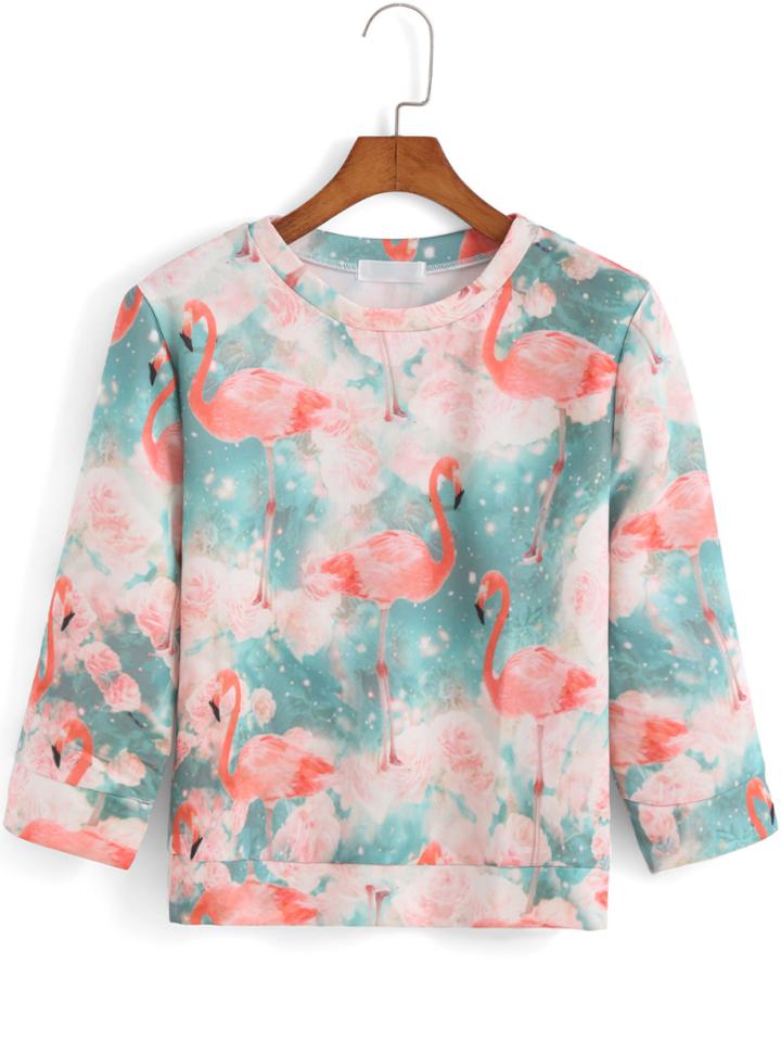 Romwe Half Sleeve Swan Print Sweatshirt