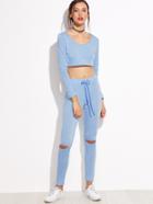 Romwe Blue Hooded Crop Top With Drawstring Cut Out Pants