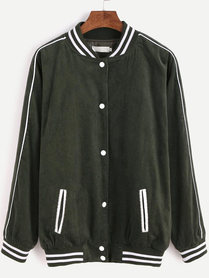 Romwe Dark Green Corduroy Striped Trim Baseball Jacket