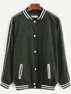 Romwe Dark Green Corduroy Striped Trim Baseball Jacket