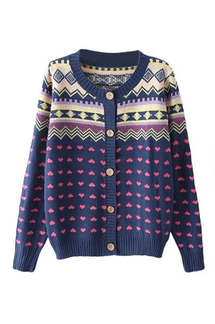 Romwe Heart Knitted Navy Blue Cardigan