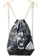 Romwe Black Drawstring Tiger Print Backpack