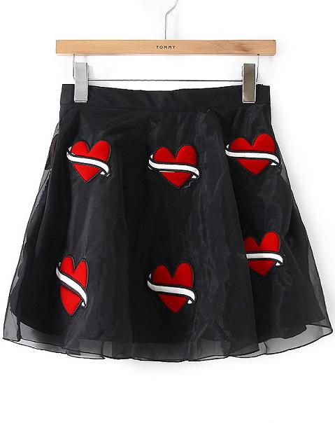 Romwe Black Hearts Embroidered Organza Skirt