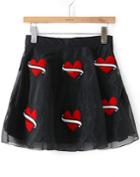Romwe Black Hearts Embroidered Organza Skirt