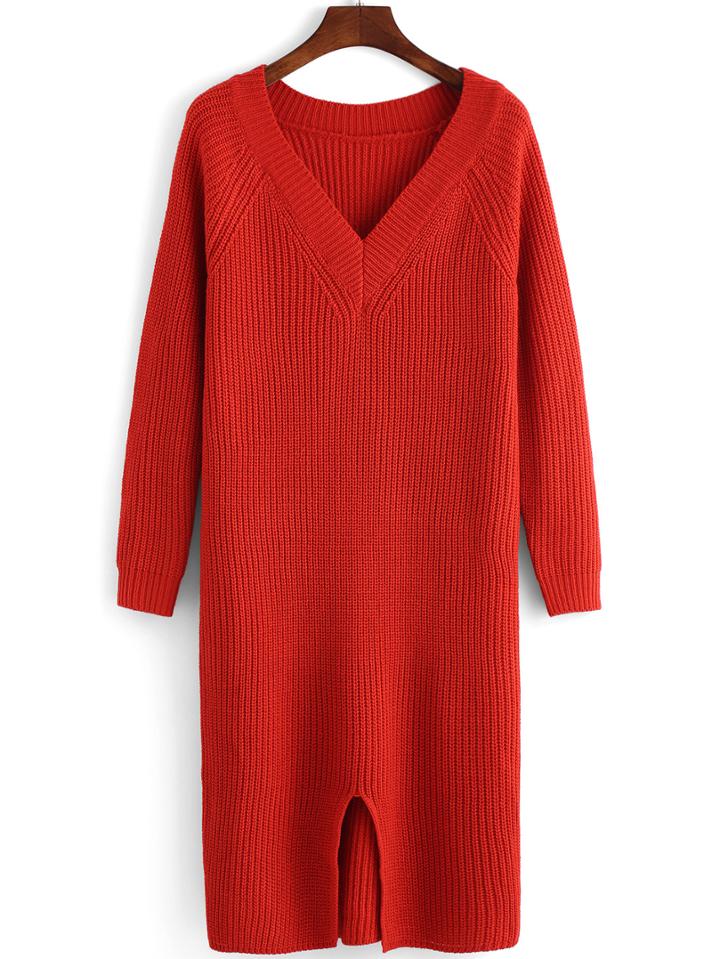 Romwe V Neck Slit Orange Sweater Dress