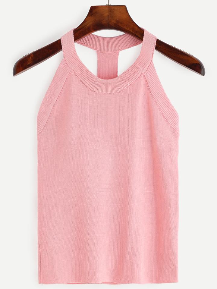 Romwe Pink Halter Neck Slim Racerback Knit Top