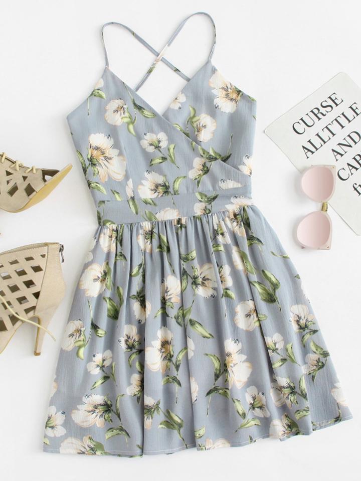 Romwe Floral Print Wrap Cami Dress
