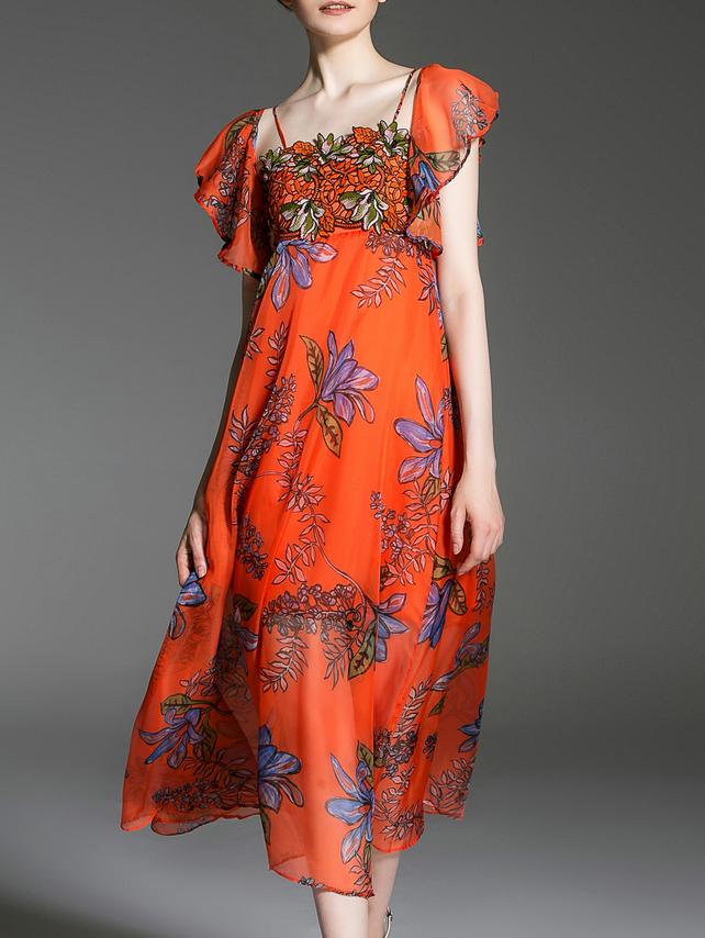 Romwe Orange Spaghetti Strap Ruffle Crochet Print Dress