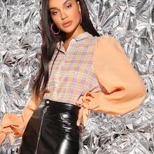Romwe Knot Cuff Lantern Sleeve Plaid Shirt
