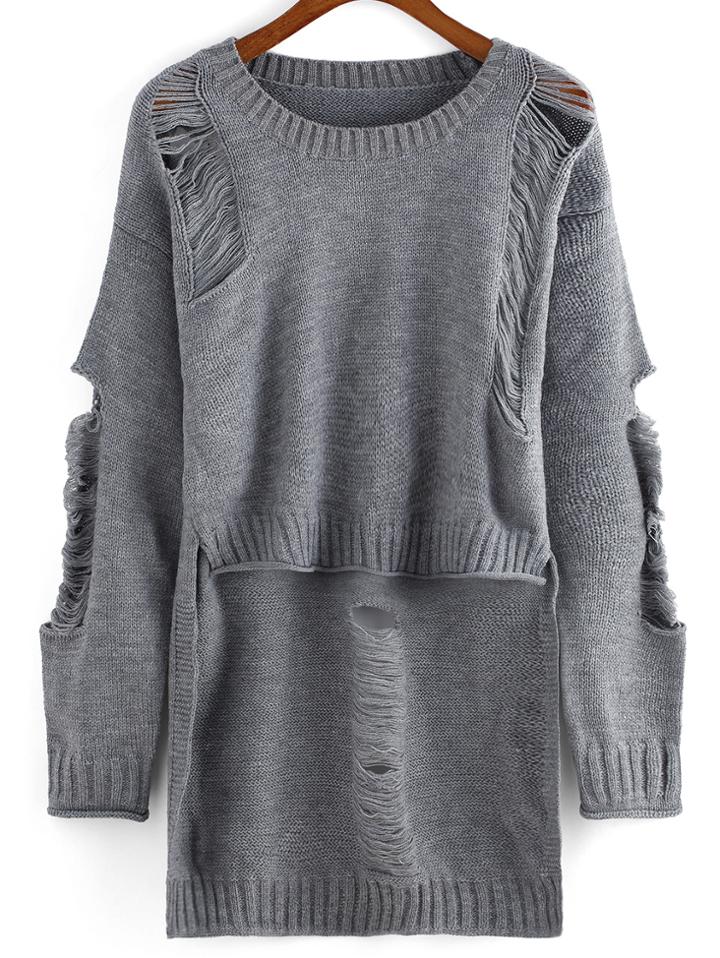 Romwe Dip Hem Ripped Grey Sweater