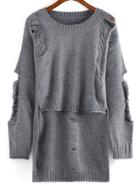 Romwe Dip Hem Ripped Grey Sweater