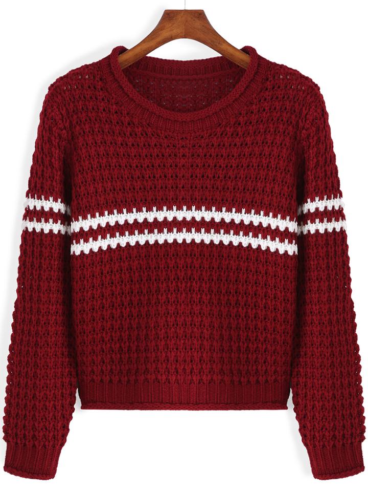 Romwe Striped Open-knit Red Sweater