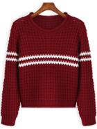 Romwe Striped Open-knit Red Sweater