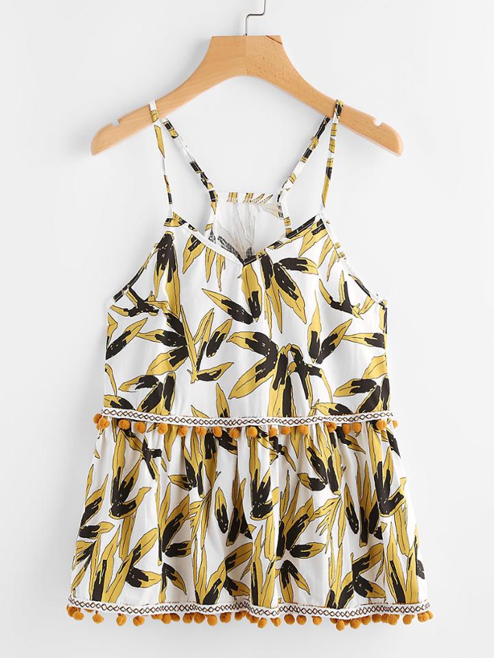 Romwe Leaf Print Embroidered Tape Pom Pom Hem Cami Top