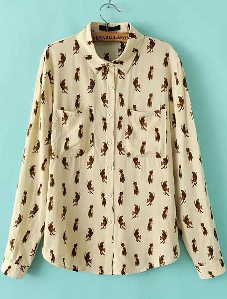 Romwe Apricot Long Sleeve Animal Print Pockets Blouse