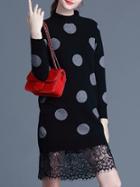 Romwe Black Polka Dot Knit Contrast Lace Dress