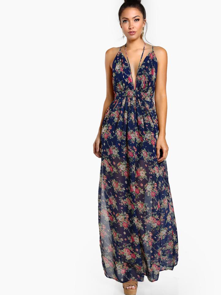 Romwe Plunging Crisscross Back Calico Print Dress