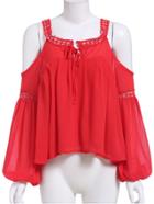Romwe Off The Shoulder Puff Sleeve Hollow Red Top