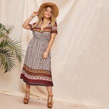 Romwe Plus Surplice Front Tribal Print Dress