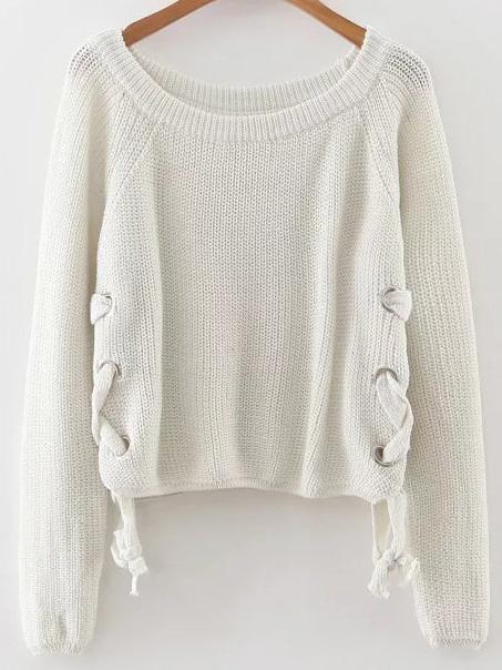 Romwe White Eyelet Lace Up Loose Sweater