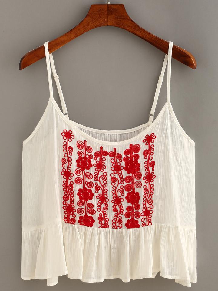 Romwe Flower Embroidered Ruffled Hem Cami Top - White