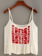 Romwe Flower Embroidered Ruffled Hem Cami Top - White