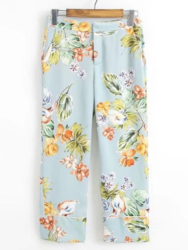 Romwe Flower Print Wide Leg Pants