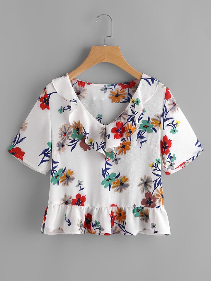 Romwe Flower Print Frill Collar And Hem Top