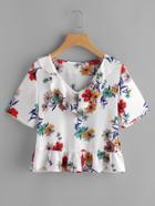 Romwe Flower Print Frill Collar And Hem Top