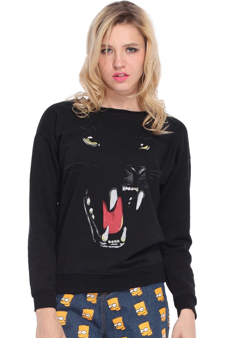 Romwe Leopard With Sharp Teeth Print Black Pullover