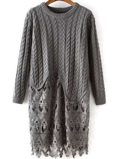 Romwe Contrast Lace Hollow Cable Knit Grey Sweater