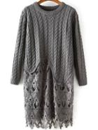 Romwe Contrast Lace Hollow Cable Knit Grey Sweater