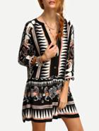 Romwe Buttoned Front Tribal Print Drop Waist Dress