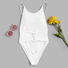 Romwe Tie Front Open Back One Piece Swim