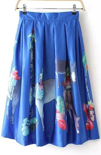 Romwe Horse Print Pleated Skirt