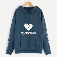 Romwe Letter And Heart Print Drawstring Kangaroo Pocket Hoodie