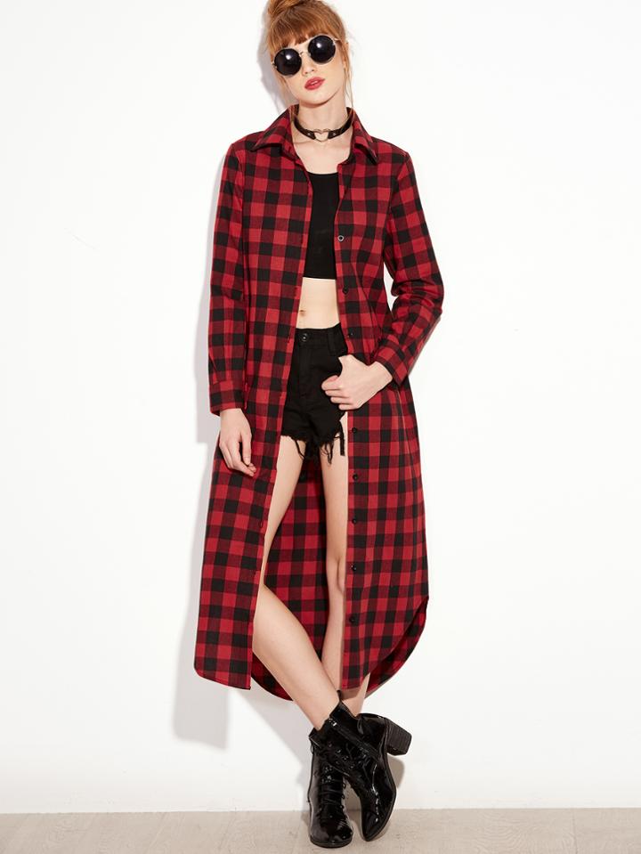 Romwe Red Checkered Curved Hem Long Shirt
