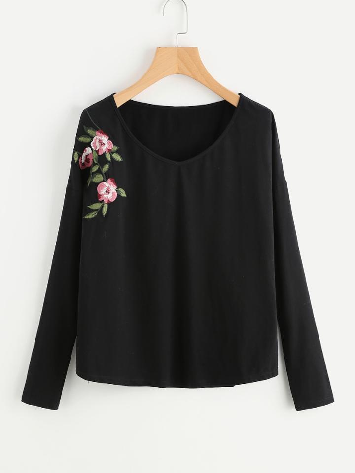 Romwe Flower Embroidered Drop Shoulder Tee