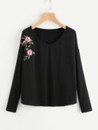 Romwe Flower Embroidered Drop Shoulder Tee