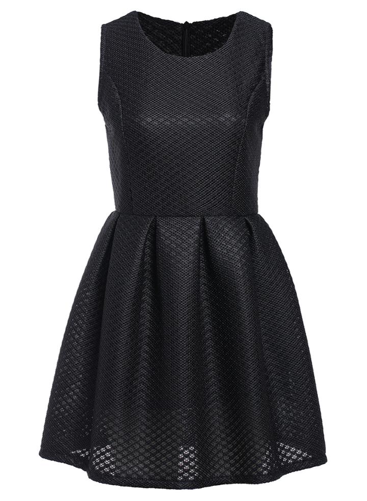 Romwe Sleeveless Hollow Grid Pleated Black Dress