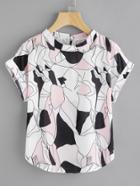 Romwe Abstract Print Curved Hem Cuffed Blouse